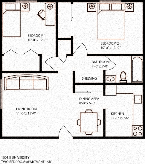 Floor plan for 2 beds, 1 bath, 800 sqft